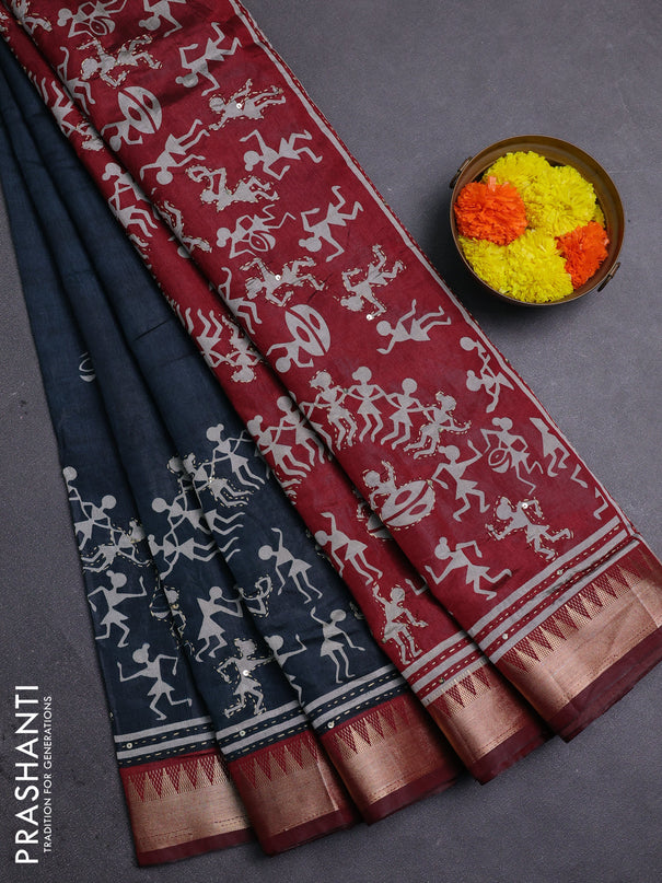 Peacock Blue & Maroon Semi Tussar Saree - Kantha Work