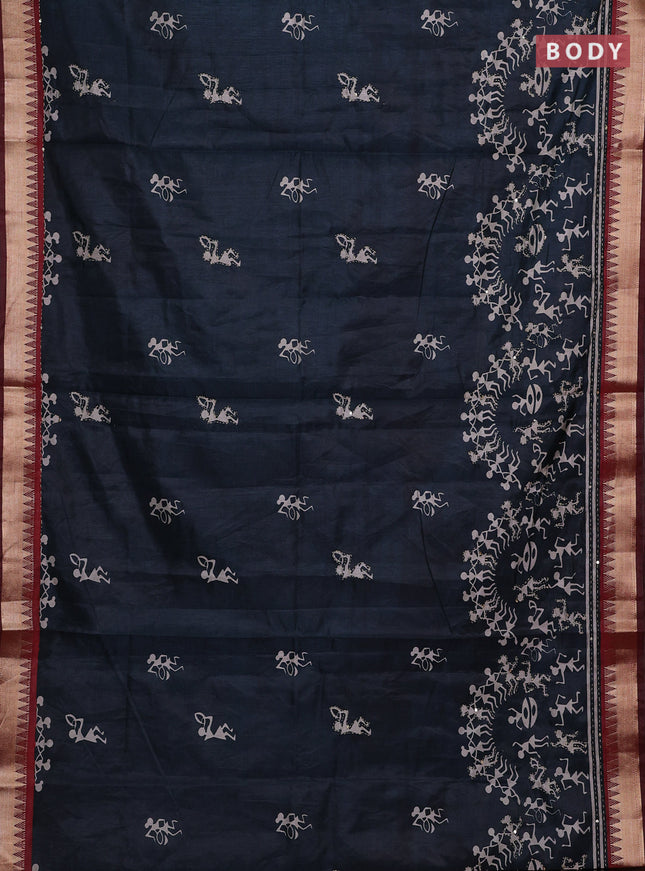 Peacock Blue & Maroon Semi Tussar Saree - Kantha Work