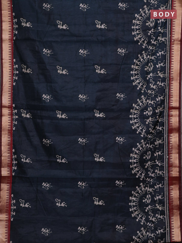 Peacock Blue & Maroon Semi Tussar Saree - Kantha Work