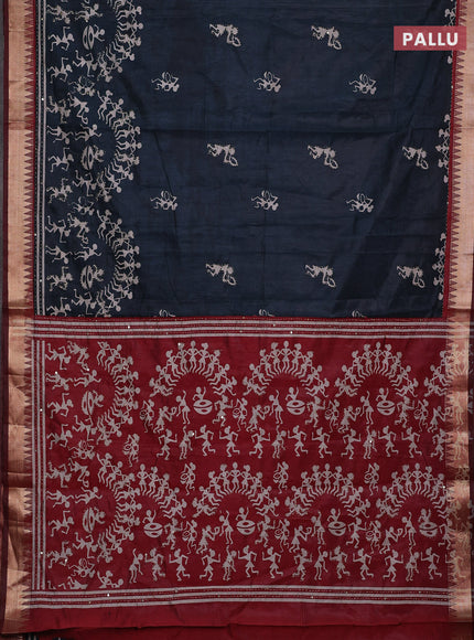 Peacock Blue & Maroon Semi Tussar Saree - Kantha Work
