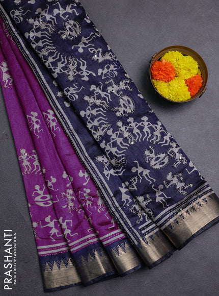Magenta Pink & Navy Blue Semi Tussar Saree - Kantha Work