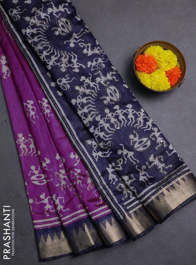 Magenta Pink & Navy Blue Semi Tussar Saree - Kantha Work