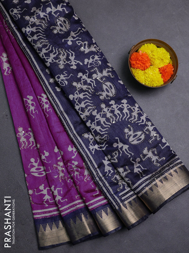 Magenta Pink & Navy Blue Semi Tussar Saree - Kantha Work
