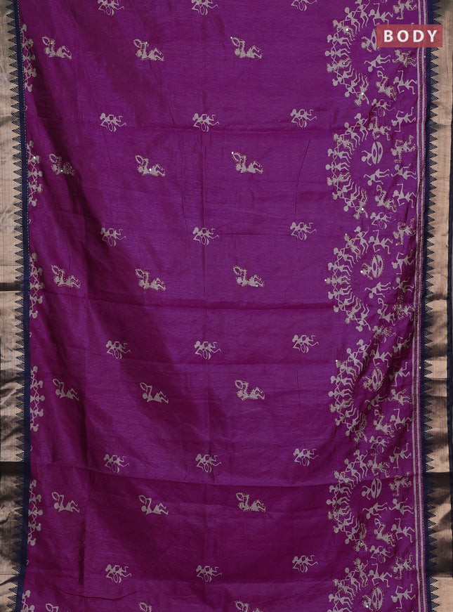 Magenta Pink & Navy Blue Semi Tussar Saree - Kantha Work