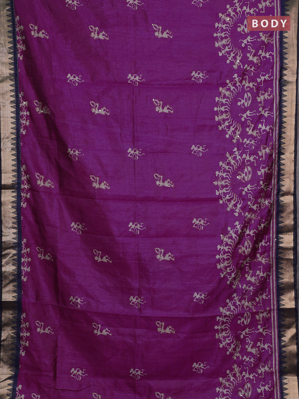 Magenta Pink & Navy Blue Semi Tussar Saree - Kantha Work