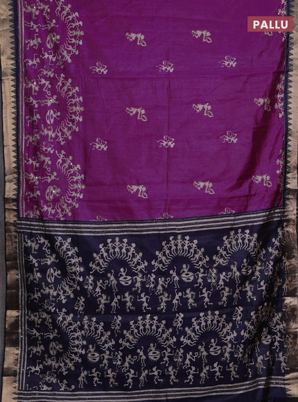 Magenta Pink & Navy Blue Semi Tussar Saree - Kantha Work