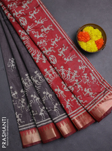 Grey & Red Semi Tussar Saree - Kantha Work