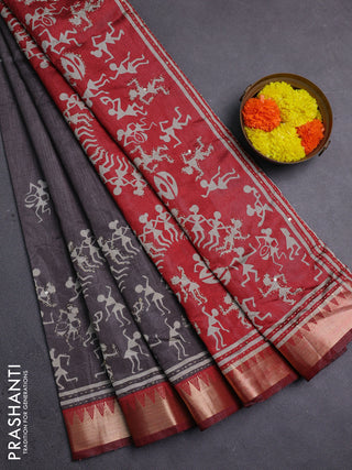 Grey & Red Semi Tussar Saree - Kantha Work