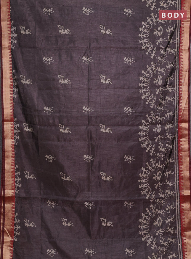 Grey & Red Semi Tussar Saree - Kantha Work