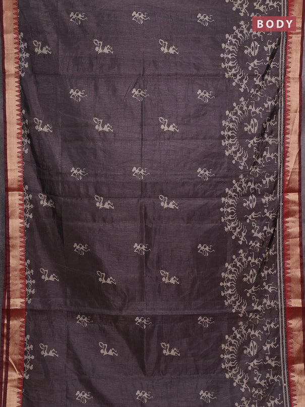 Grey & Red Semi Tussar Saree - Kantha Work