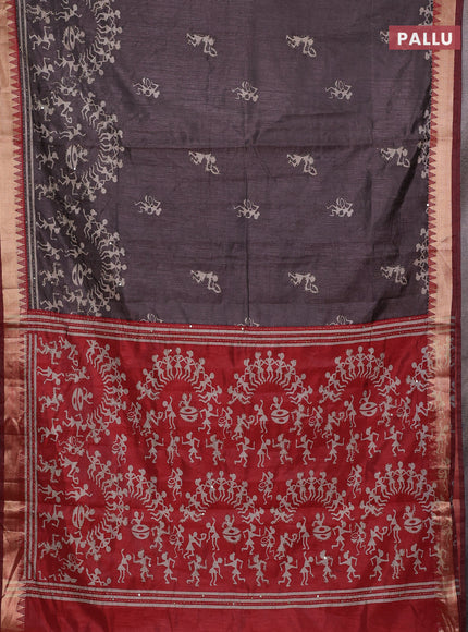 Grey & Red Semi Tussar Saree - Kantha Work
