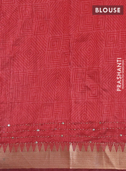Grey & Red Semi Tussar Saree - Kantha Work