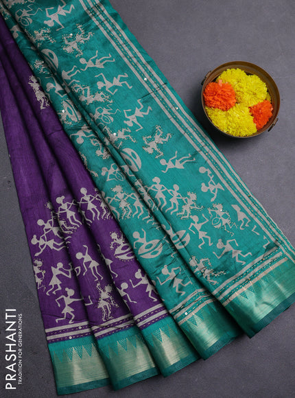 Purple & Green Semi Tussar Saree - Kantha Work