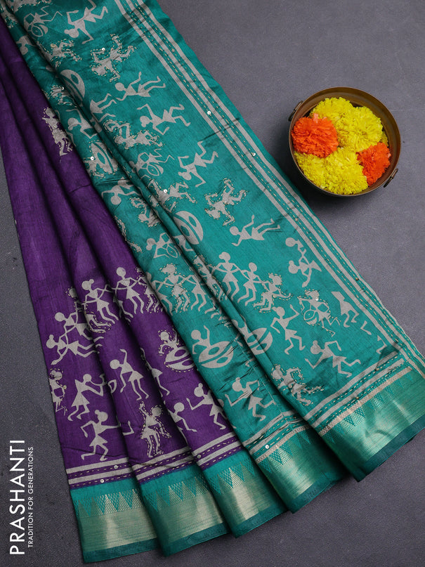 Purple & Green Semi Tussar Saree - Kantha Work