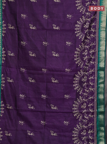 Purple & Green Semi Tussar Saree - Kantha Work