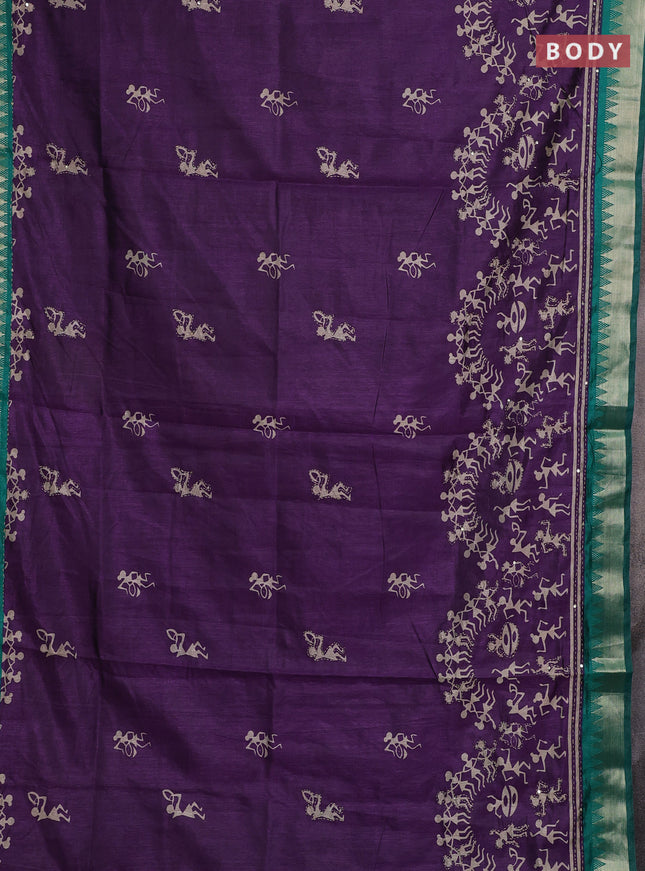 Purple & Green Semi Tussar Saree - Kantha Work