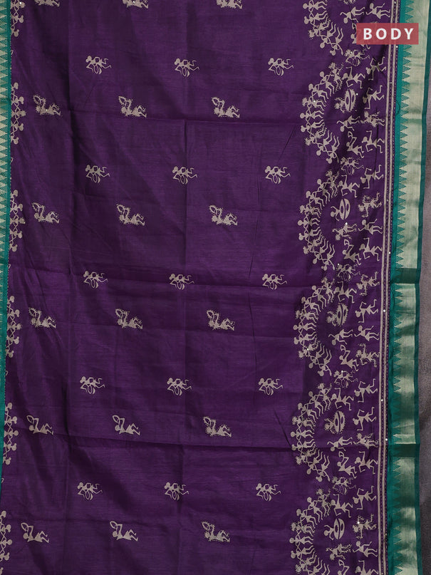 Purple & Green Semi Tussar Saree - Kantha Work