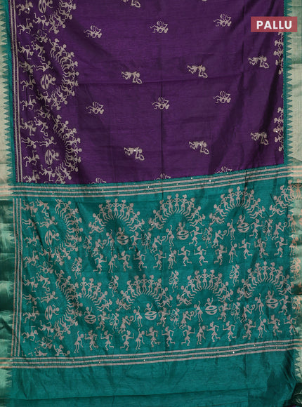 Purple & Green Semi Tussar Saree - Kantha Work