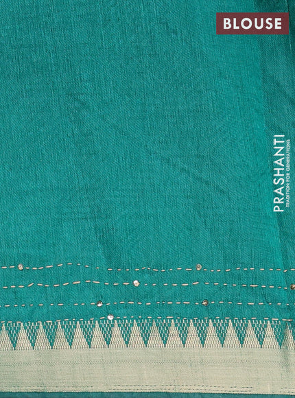 Purple & Green Semi Tussar Saree - Kantha Work