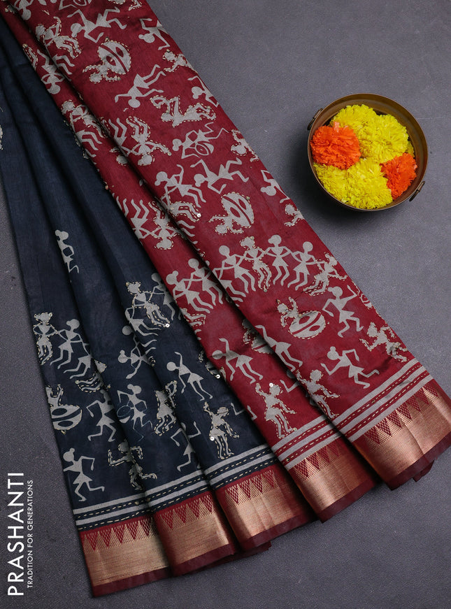 Elephant Grey & Maroon Semi Tussar Saree - Kantha Work