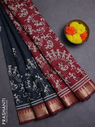 Elephant Grey & Maroon Semi Tussar Saree - Kantha Work