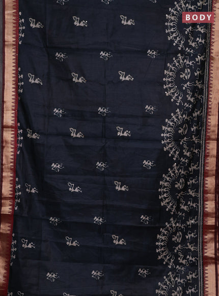 Elephant Grey & Maroon Semi Tussar Saree - Kantha Work