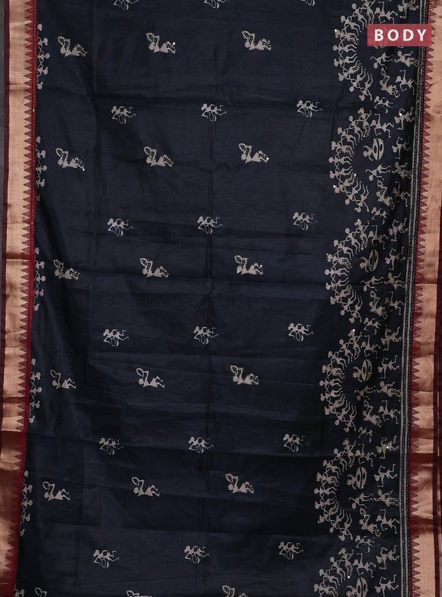 Elephant Grey & Maroon Semi Tussar Saree - Kantha Work