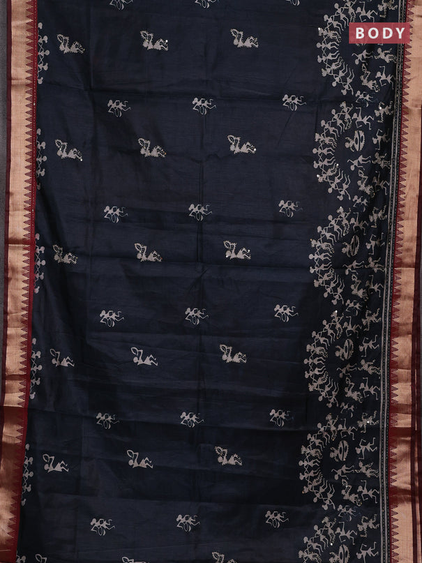 Elephant Grey & Maroon Semi Tussar Saree - Kantha Work