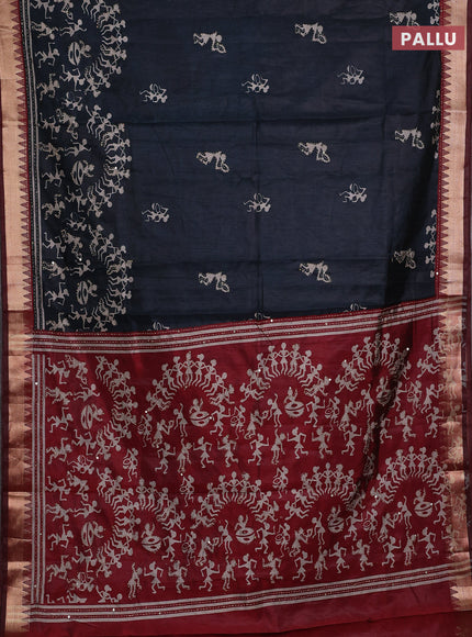 Elephant Grey & Maroon Semi Tussar Saree - Kantha Work