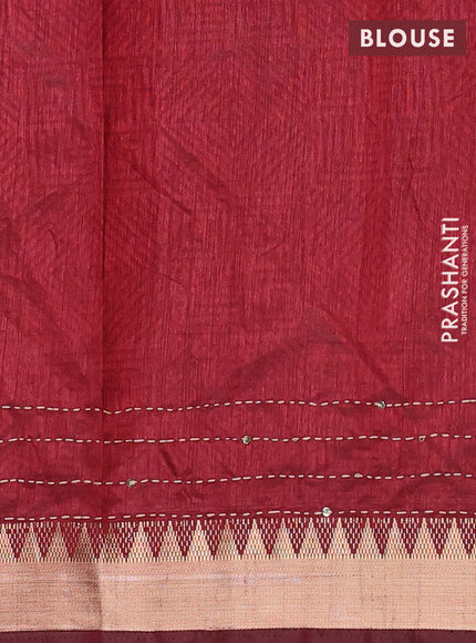 Elephant Grey & Maroon Semi Tussar Saree - Kantha Work