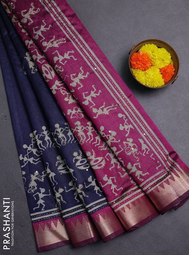 Navy Blue & Magenta Pink Semi Tussar Saree - Kantha Work