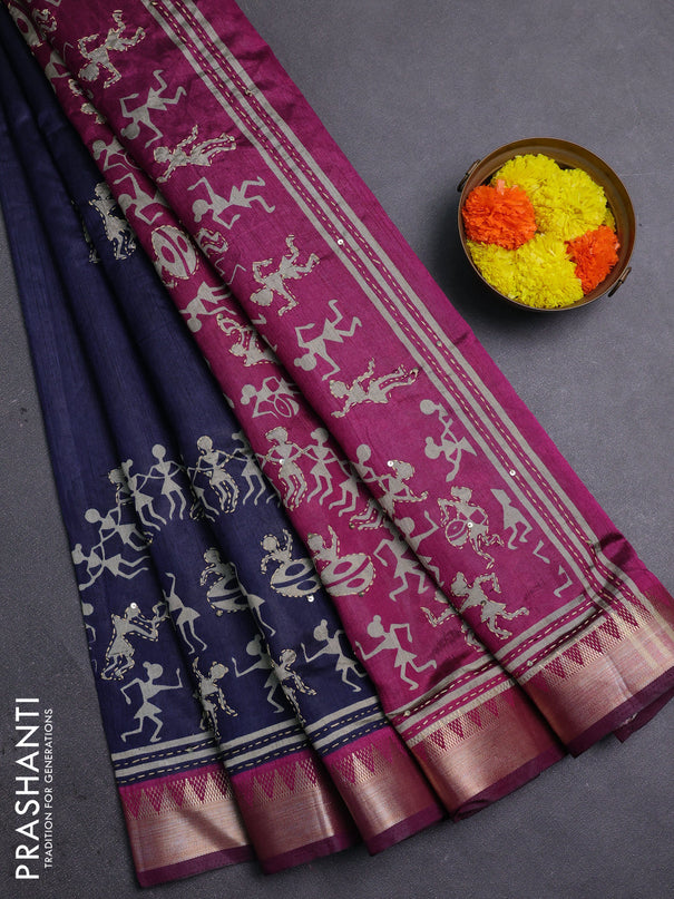 Navy Blue & Magenta Pink Semi Tussar Saree - Kantha Work