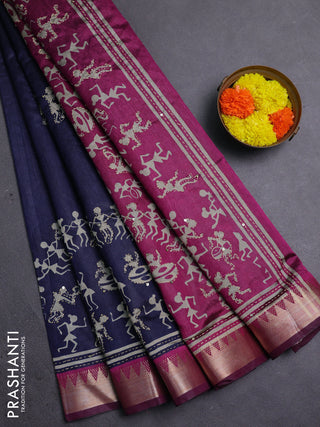 Navy Blue & Magenta Pink Semi Tussar Saree - Kantha Work