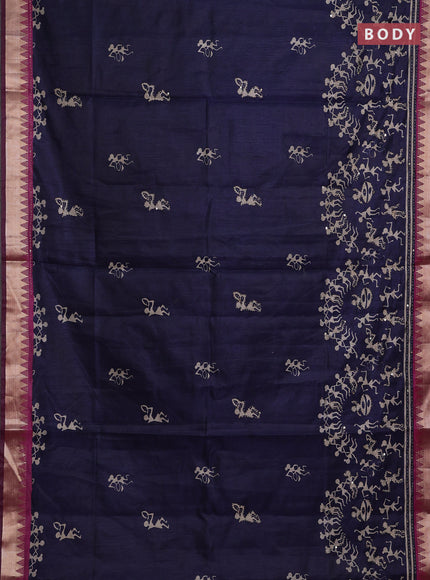 Navy Blue & Magenta Pink Semi Tussar Saree - Kantha Work