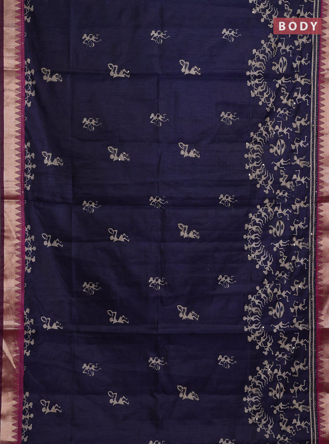 Navy Blue & Magenta Pink Semi Tussar Saree - Kantha Work