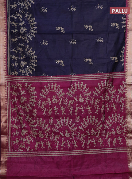 Navy Blue & Magenta Pink Semi Tussar Saree - Kantha Work