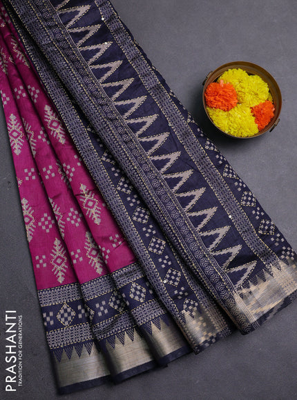 Magenta Pink & Navy Blue Semi Tussar Saree - Kantha Work