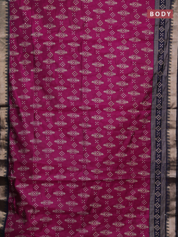 Magenta Pink & Navy Blue Semi Tussar Saree - Kantha Work