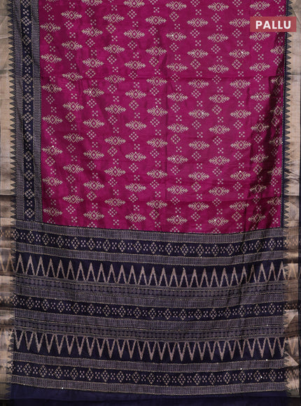 Magenta Pink & Navy Blue Semi Tussar Saree - Kantha Work
