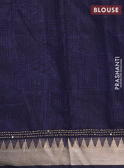 Magenta Pink & Navy Blue Semi Tussar Saree - Kantha Work
