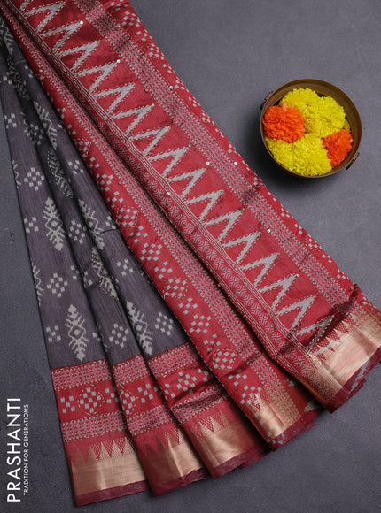 Grey & Red Semi Tussar Saree - Kantha Work