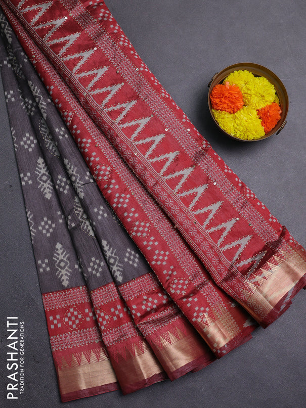 Grey & Red Semi Tussar Saree - Kantha Work