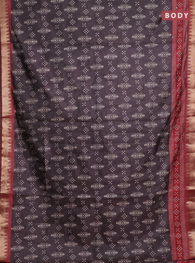 Grey & Red Semi Tussar Saree - Kantha Work