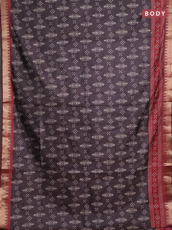Grey & Red Semi Tussar Saree - Kantha Work