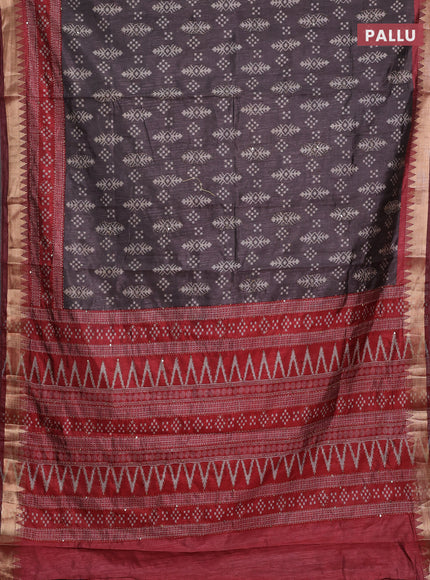 Grey & Red Semi Tussar Saree - Kantha Work