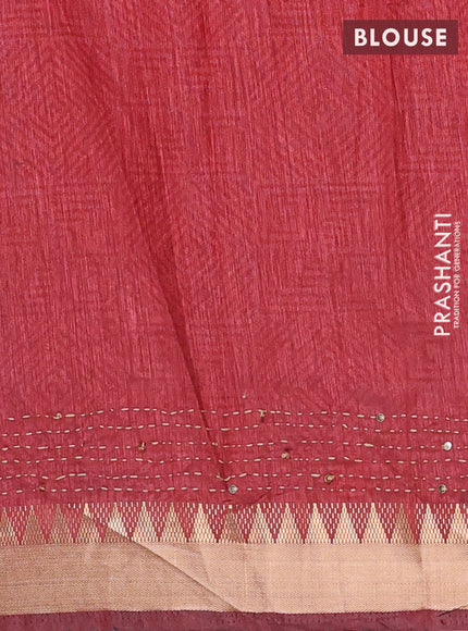 Grey & Red Semi Tussar Saree - Kantha Work