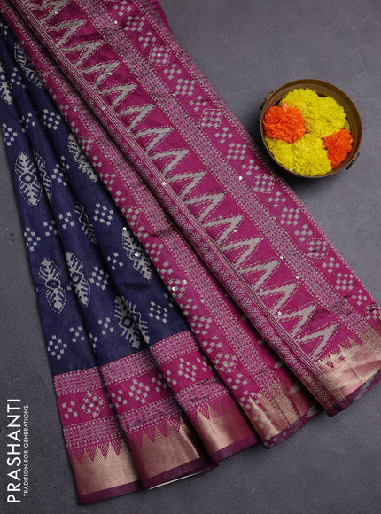 Navy Blue & Magenta Pink Semi Tussar Saree - Kantha Work
