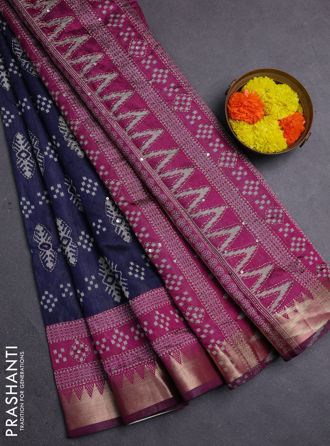 Navy Blue & Magenta Pink Semi Tussar Saree - Kantha Work