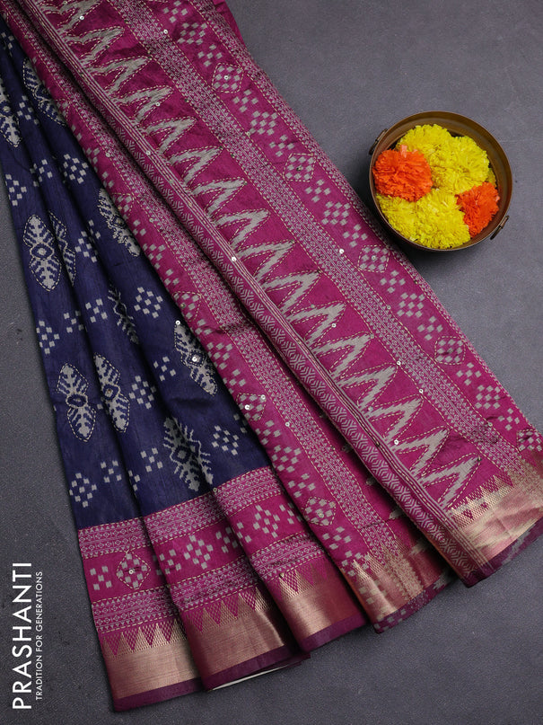 Navy Blue & Magenta Pink Semi Tussar Saree - Kantha Work