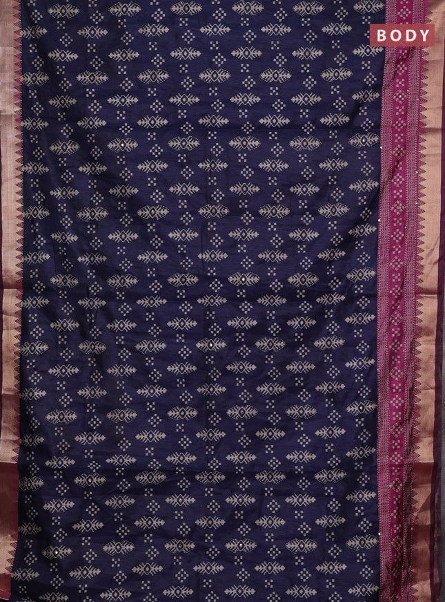 Navy Blue & Magenta Pink Semi Tussar Saree - Kantha Work